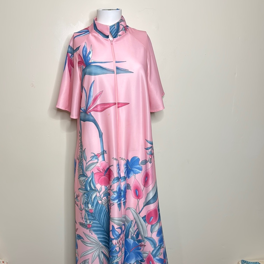 Vintage Hawaiian amoral pink blue long house coat dress gown approx M